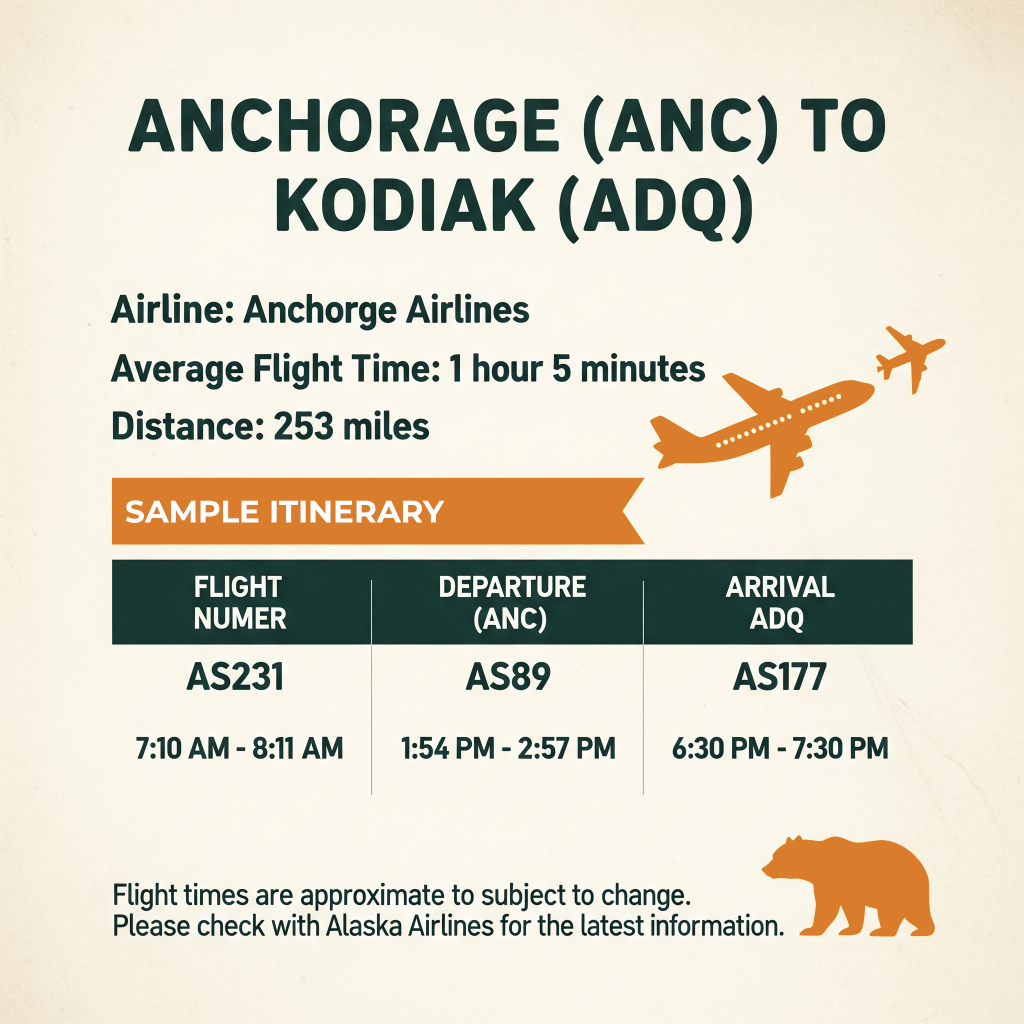 Infographic for Anchorage ANC to Kodiak ADQ: Airline—Anchorage Airlines, 1 hr 5 min average flight, 253 miles. Sample itinerary with flight numbers, times, and a bear silhouette at the bottom.